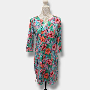 Caribbean Joe Floral Tropical Dress S Blue Pink Hibiscus 3/4 Sleeve